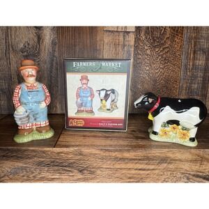 Cracker Barrel Salt Pepper Shakers Farmer Cow Ceramic Farmhouse Country Set